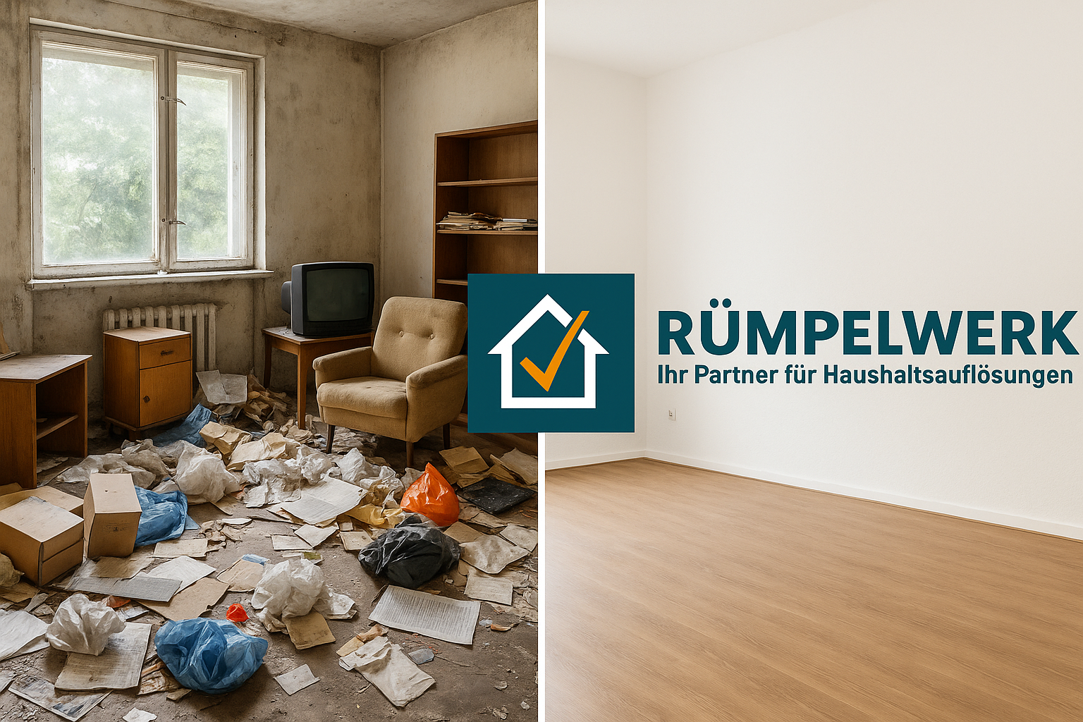 Vorher-Nachher Vergleich: Professionelle Entrümpelung durch Rümpelwerk - von vollgestellt bis komplett geräumt